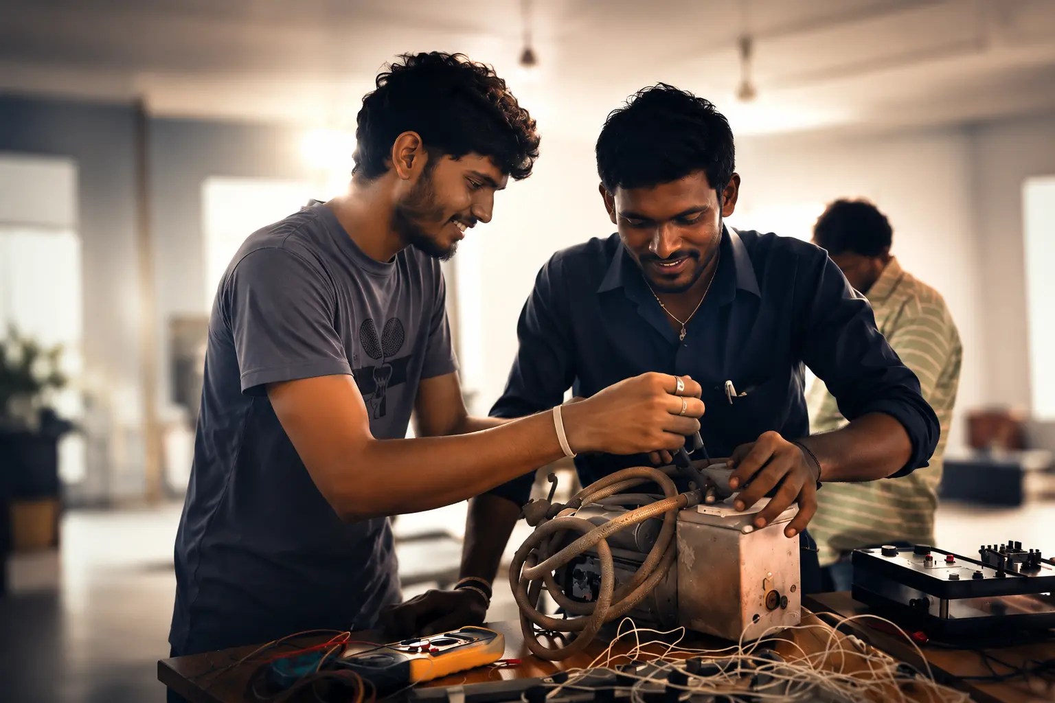 SSR Institute trainees working hands-on with an electrical motor and test equipment